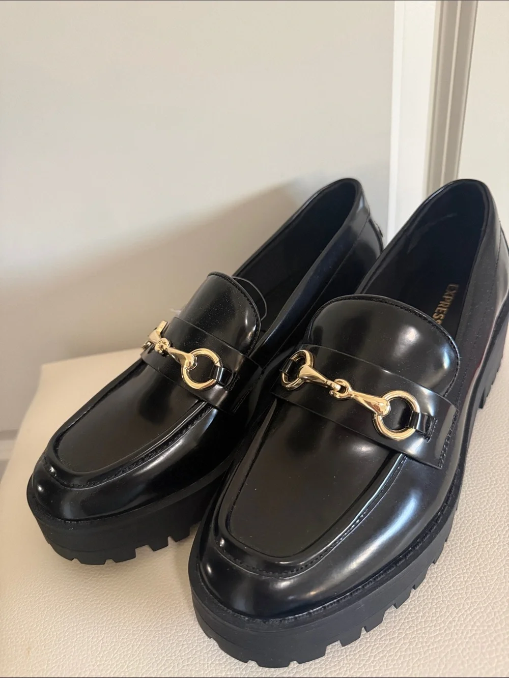 Express Black Loafers with Gold Horsebit Accent
